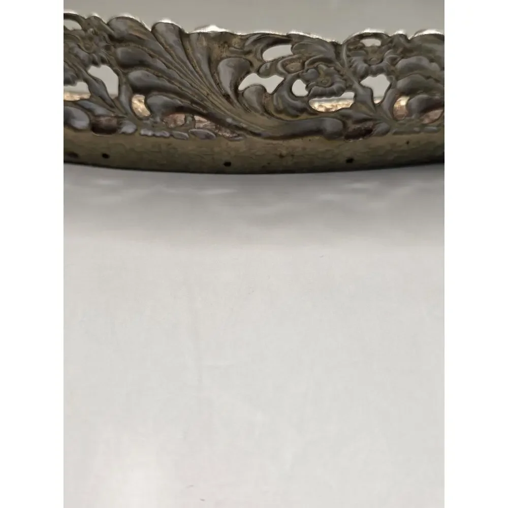 Vintage Hollywood Regency Silver Filigree Mirrored Vanity Tray Oval Dresser...